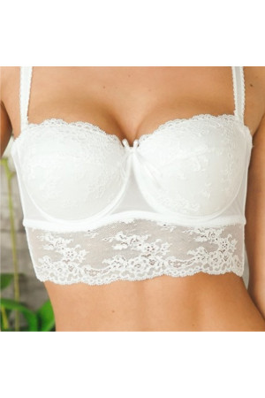 Biały, przedłużany biustonosz ślubny bardotka