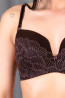 Brązowy, koronkowy, biustonosz push-up z niewidocznymi fiszbinami.