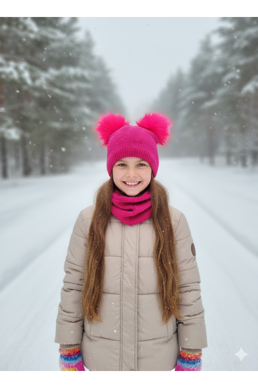 “Bear” Winter Set – Hat with Pom-Poms & Raspberry Pink Neck Warmer | Kids Winter Accessories