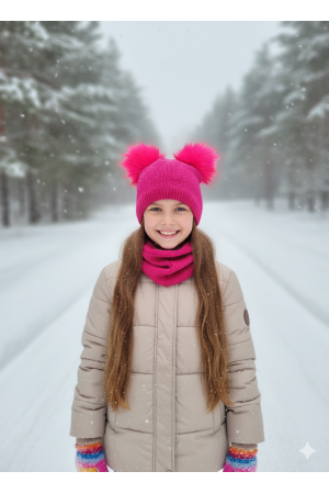 “Bear” Winter Set – Hat with Pom-Poms & Raspberry Pink Neck Warmer | Kids Winter Accessories