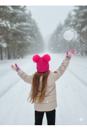 Komplet zimowy dla dziewczynki „Miś” – czapka z pomponami i komin malinowy róż