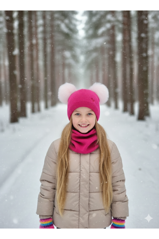 Komplet zimowy „Miś” – czapka z pomponami i komin pudrowy róż | Zimowy zestaw dla dziewczynki
