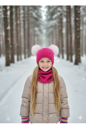 “Bear” Winter Set – Hat with Pom-Poms & Powder Pink Neck Warmer | Kids Winter Accessories