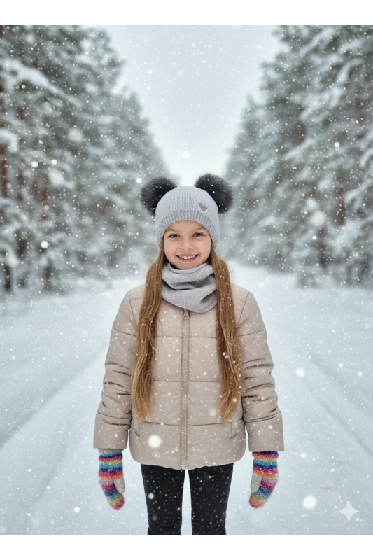 “Bear” Winter Set – Hat with Pom-Poms & Light Grey Neck Warmer.