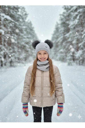 “Bear” Winter Set – Hat with Pom-Poms & Light Grey Neck Warmer.
