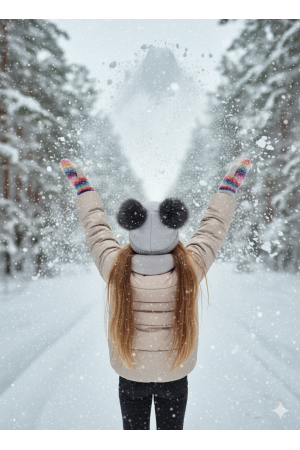 “Bear” Winter Set – Hat with Pom-Poms & Light Grey Neck Warmer.