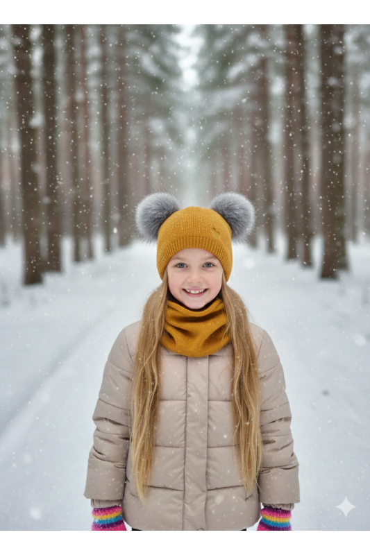 “Bear” Winter Set Mustard with Graphite Pom-Poms