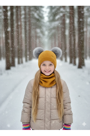 “Bear” Winter Set Mustard with Graphite Pom-Poms