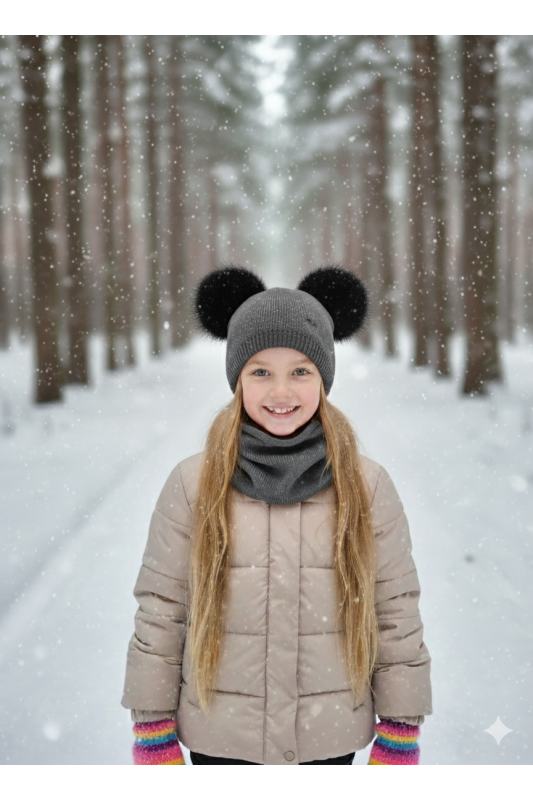 “Bear” Winter Set Graphite with Black Pom-Poms