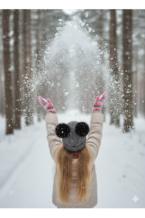 Komplet zimowy „Miś” grafitowy z czarnymi pomponami