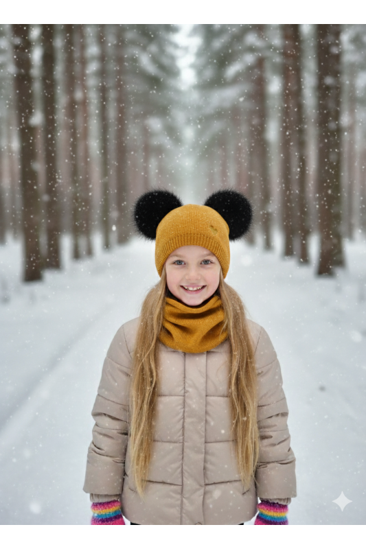 “Bear” Winter Set Mustard with Black Pom-Poms