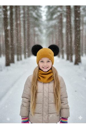 “Bear” Winter Set Mustard with Black Pom-Poms