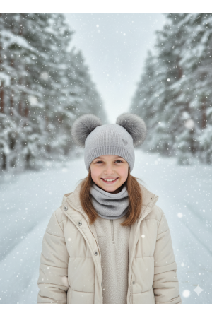 “Bear” Winter Set – Hat with Pom-Poms & Grey/Graphite Neck Warmer.