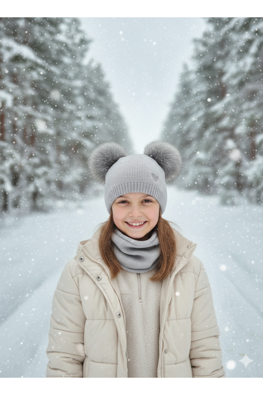 “Bear” Winter Set – Hat with Pom-Poms & Grey/Graphite Neck Warmer.
