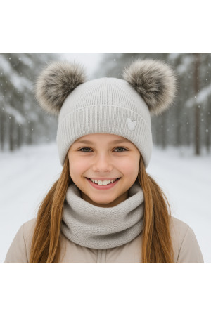 “Bear” Winter Set – Hat with Pom-Poms & Grey/Graphite Neck Warmer.