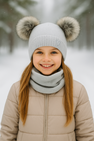 “Bear” Winter Set – Hat with Pom-Poms & Grey/Graphite Neck Warmer.
