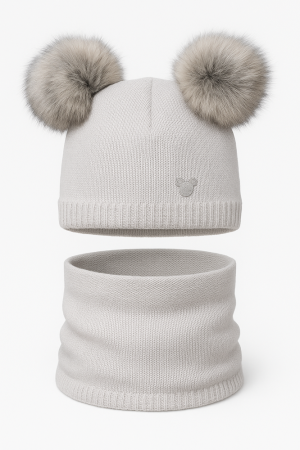 “Bear” Winter Set – Hat with Pom-Poms & Grey/Graphite Neck Warmer.