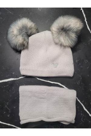 “Bear” Winter Set – Hat with Pom-Poms & Grey/Graphite Neck Warmer.