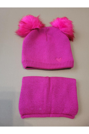 “Bear” Winter Set – Hat with Pom-Poms & Raspberry Pink Neck Warmer | Kids Winter Accessories