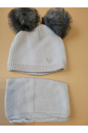“Bear” Winter Set – Hat with Pom-Poms & Light Grey Neck Warmer.