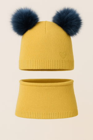“Bear” Winter Set Mustard with Black Pom-Poms