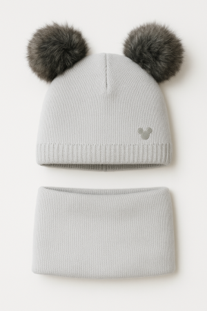 “Bear” Winter Set – Hat with Pom-Poms & Light Grey Neck Warmer.