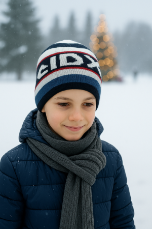 Boys’ Winter Hat – Navy, Grey, Red & Blue Stripes