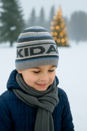 Boys’ Winter Hat – Grey & Blue Sporty Stripes