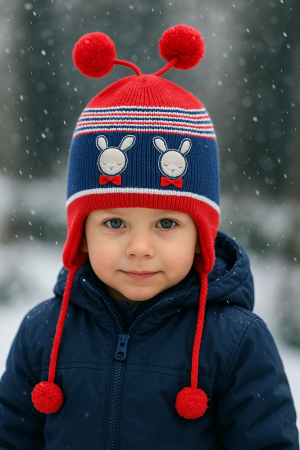 Children’s Winter Hat “Bunnies” with Pom Poms – Red & Navy