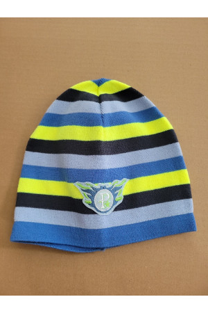 Boys’ Winter Hat with Stripes and Emblem – Blue & Yellow