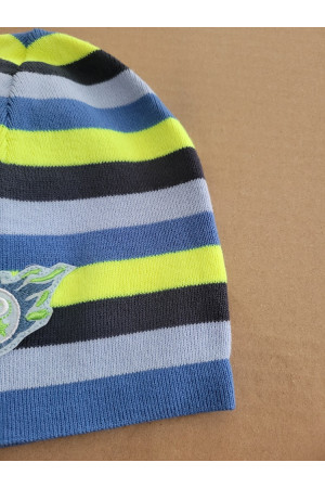 Boys’ Winter Hat with Stripes and Emblem – Blue & Yellow