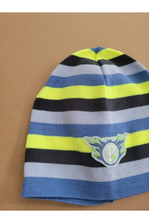 Boys’ Winter Hat with Stripes and Emblem – Blue & Yellow