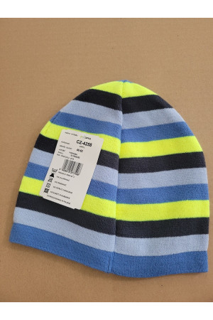 Boys’ Winter Hat with Stripes and Emblem – Blue & Yellow