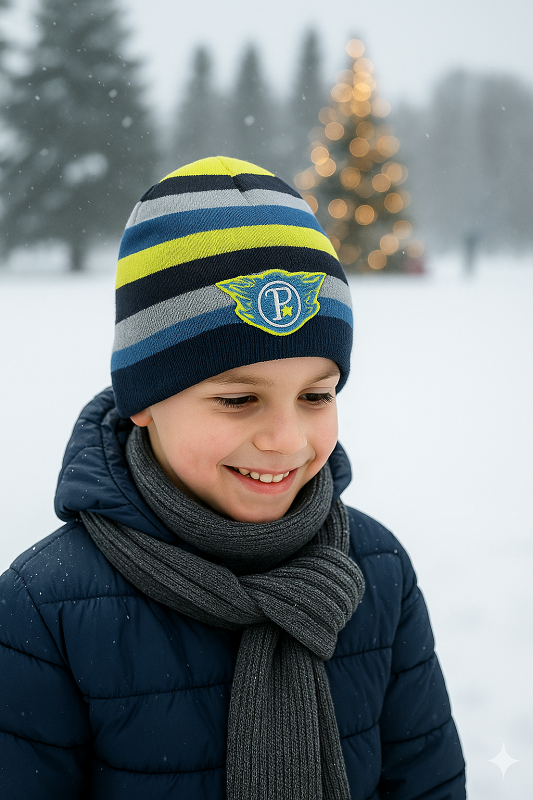Boys’ Winter Hat with Stripes and Emblem – Blue & Yellow
