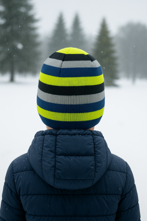 Boys’ Winter Hat with Stripes and Emblem – Blue & Yellow