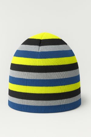 Boys’ Winter Hat with Stripes and Emblem – Blue & Yellow