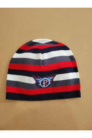 Boys’ Winter Hat with Stripes and Emblem – Red & Navy