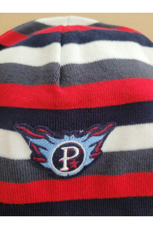 Boys’ Winter Hat with Stripes and Emblem – Red & Navy