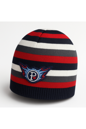 Boys’ Winter Hat with Stripes and Emblem – Red & Navy