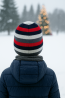 Boys’ Winter Hat with Stripes and Emblem – Red & Navy