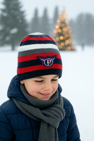 Boys’ Winter Hat with Stripes and Emblem – Red & Navy