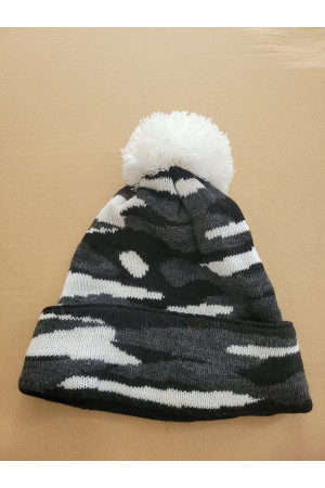 Boys’ Winter Hat with Pom-Pom – Black & White Camo Pattern