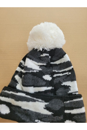 Boys’ Winter Hat with Pom-Pom – Black & White Camo Pattern
