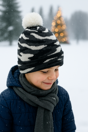 Boys’ Winter Hat with Pom-Pom – Black & White Camo Pattern