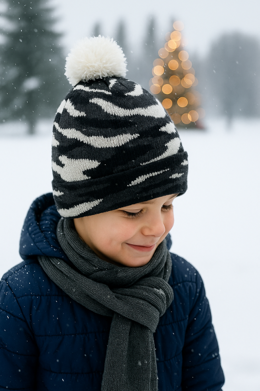 Boys’ Winter Hat with Pom-Pom – Black & White Camo Pattern