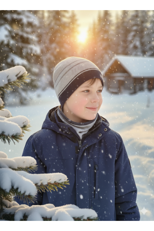 Czapka chłopięca sportowa – beżowo-granatowa w paski.