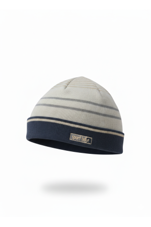 Czapka chłopięca sportowa – beżowo-granatowa w paski.