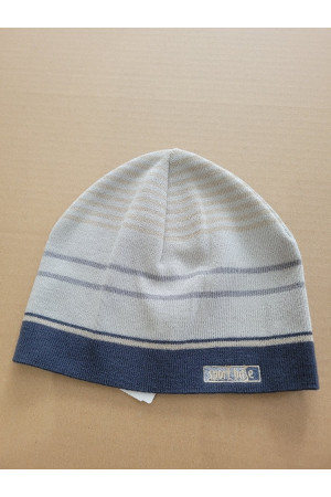 Czapka chłopięca sportowa – beżowo-granatowa w paski.