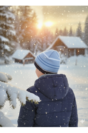 Czapka chłopięca sportowa – błękitno-granatowa w paski.