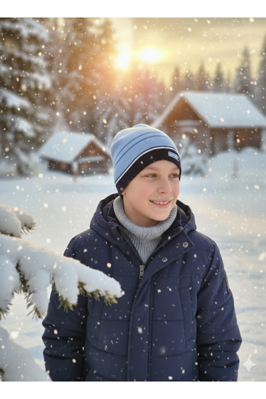 Czapka chłopięca sportowa – błękitno-granatowa w paski.